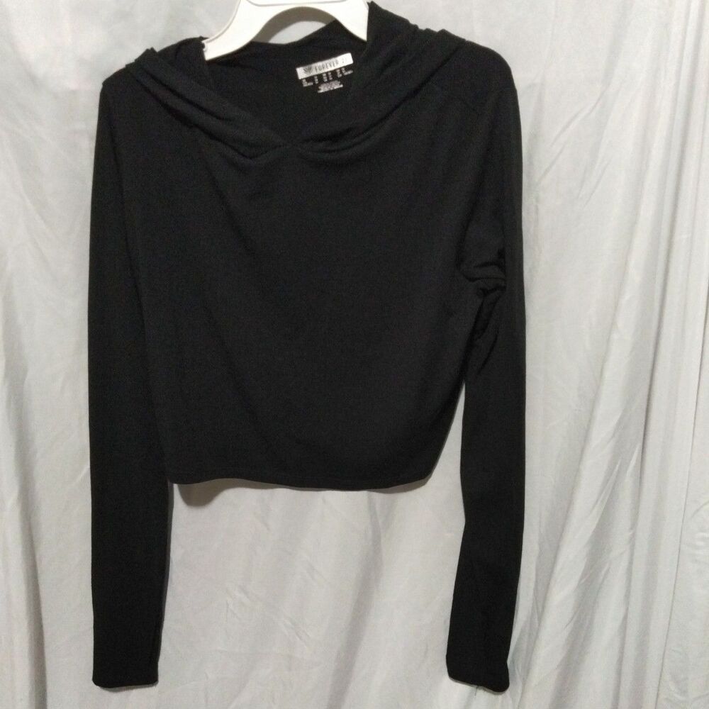 FOREVER 21 Cropped Hooded Sweatshirt Women's Size M BLACK STRETCH Hoodie